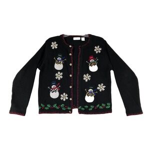 B.P. Design Cardigan Sweater Women's Medium Black Christmas Holiday Snowman‎